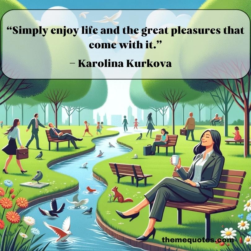 Relaxed female entrepreneur enjoying a peaceful break in a vibrant park, embodying work-life balance.