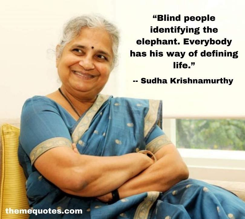 Sudha Murthy in blue saree, symbolizing wisdom and entrepreneurial spirit, with a profound life quote.